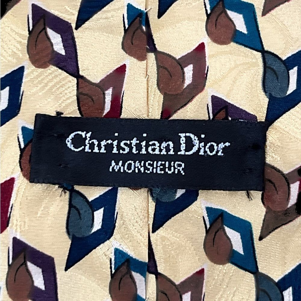 Vintage Christian Dior Monsieur Men's 100% Silk Geometric Tie Pale Yellow